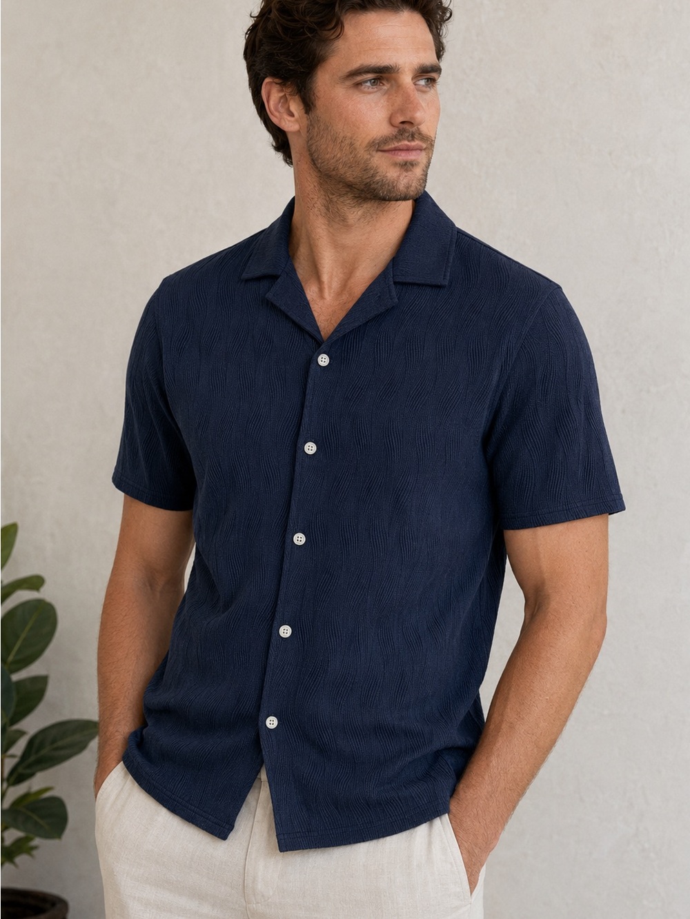 Reiss Navy Short-Sleeve Camp-Collar Button-Down Shirt